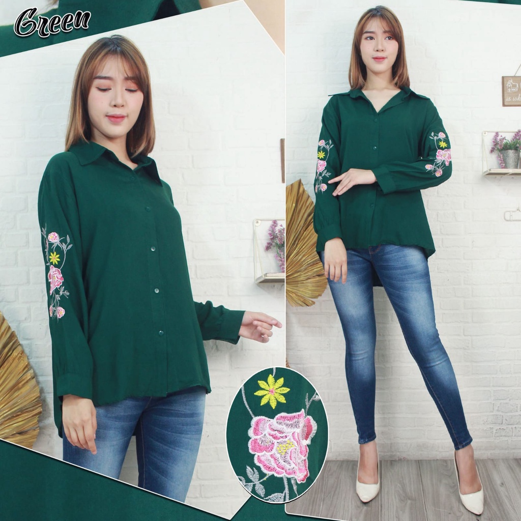 HOPYLOVY - Atasan Kemeja Wanita Basic Bordir Lengan Panjang Kemeja Flower Elly