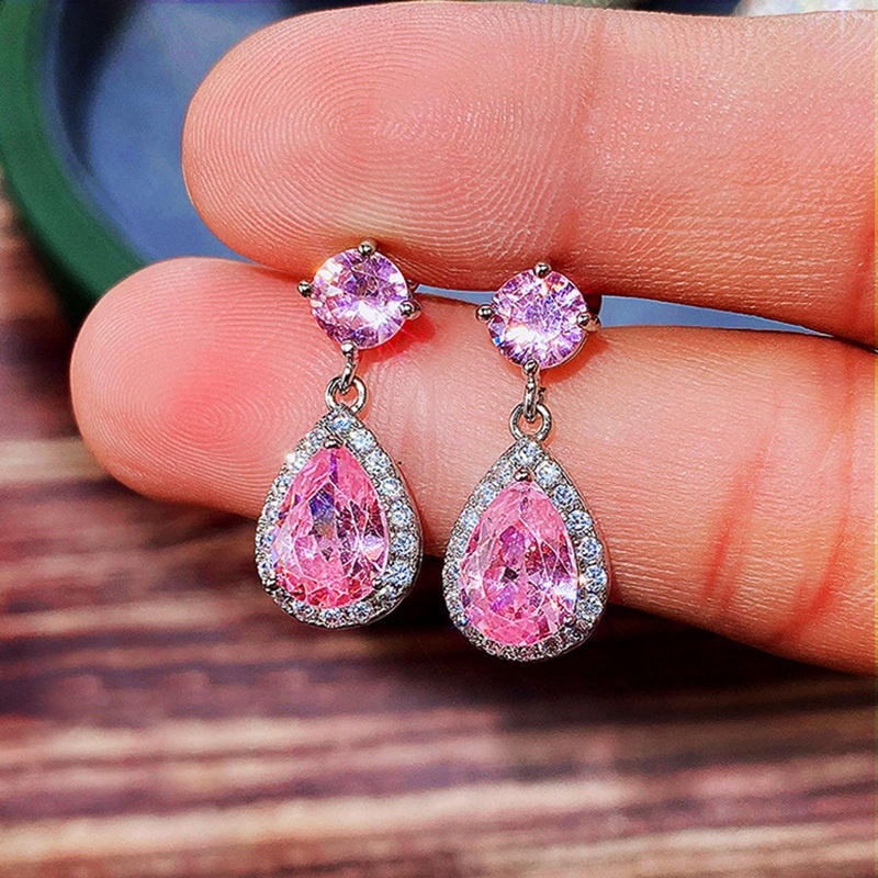 Anting Tusuk Gantung Desain Tetesan Air CZ Mewah Warna Putih / Biru / Hijau / Pink / Kuning Untuk Wanita