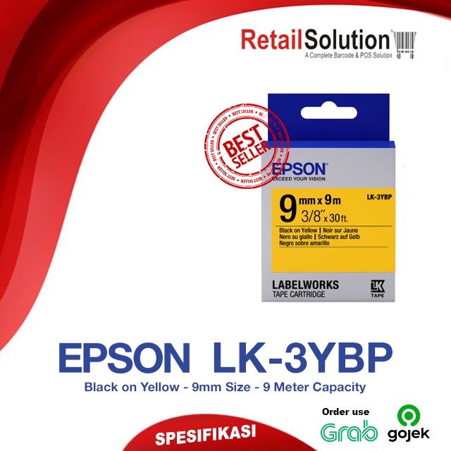 Epson LabelWorks Tape Cartridge LK-3YBP - 9mm x 9m Black on Yellow