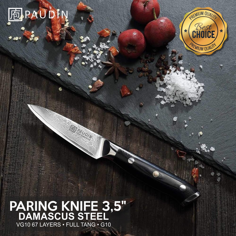 Pisau Dapur Paudin C7 Premium Kitchen Paring Knife 3,5 Inch 67 Layers VG10 Damascus Steel Full Tang 
