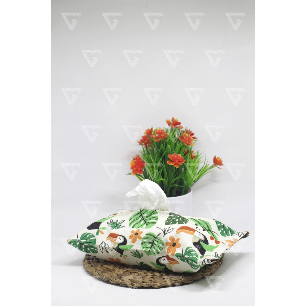 Tempat Tisu -Sarung Tisu - Cover Tissue - Box Tisu Kanvas - Wadah Tisu Motif RANGKONG PUTIH