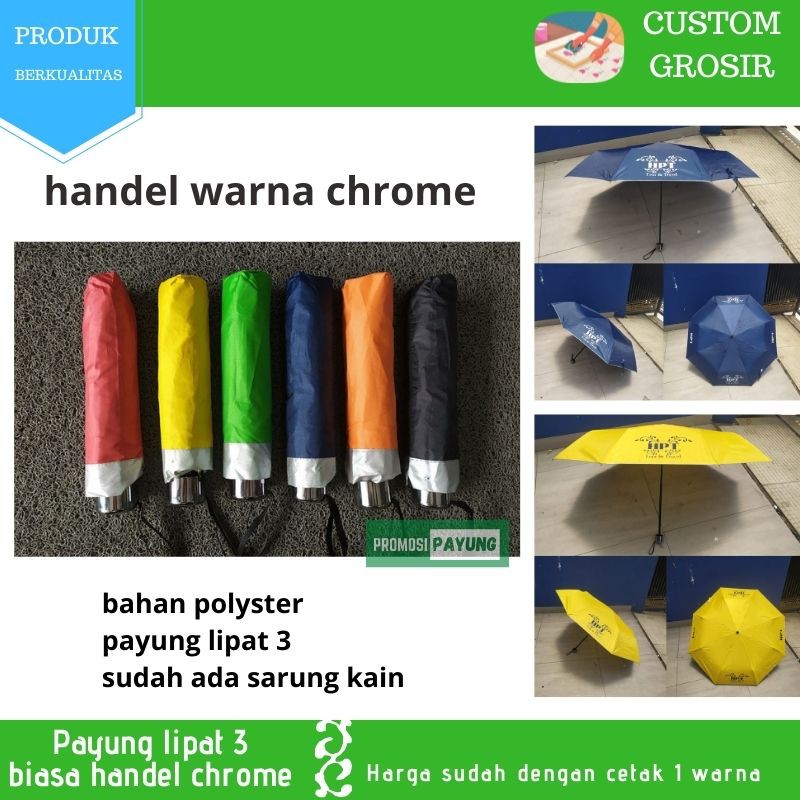 [ payung custom grosir ] payung lipat 3 biasa Lapis Silver handel chrome dengan sablon 1 warna