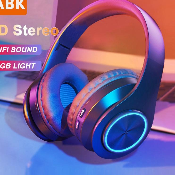 CODERr8R2--AIBAKE Headphone Bluetooth Headset Musik Gaming dengan Lampu LED dan Mic Suara HIFI Bass 