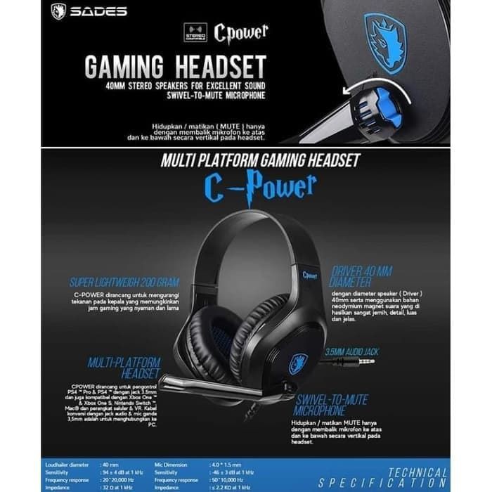 Headset gaming sades C-power multi-platform for mobile - Sades Cpower SA-716