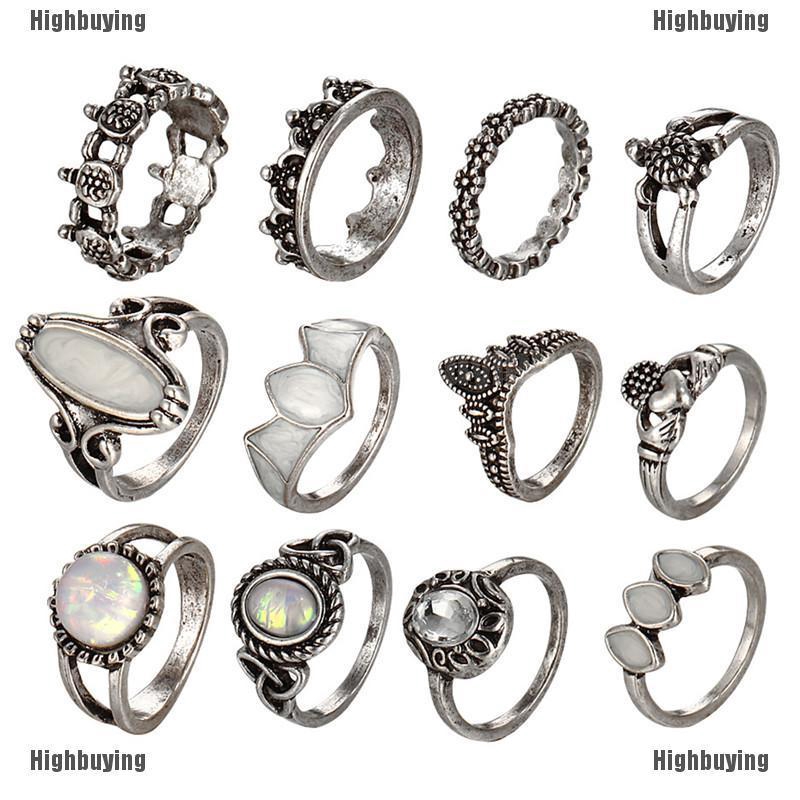 Hbid 12PCS / Set Cincin Nikah Silver Hias Opal Api Putih Untuk Wanita