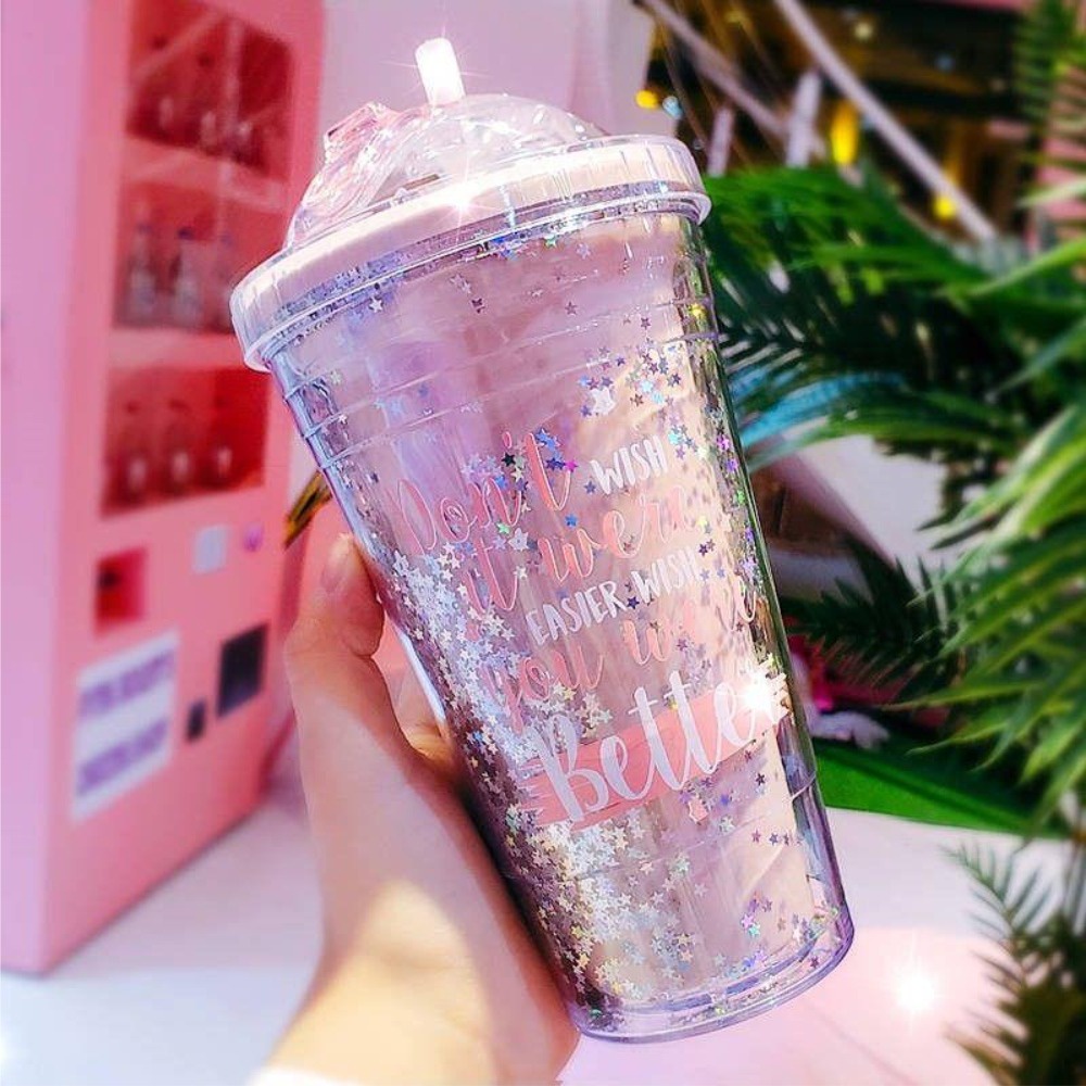 Botol Minum Tumblr Glitter Gelas Botol Gemoy Tumbler Cups Blink Botol Minum Air Sedotan 450ML GOSHOP88