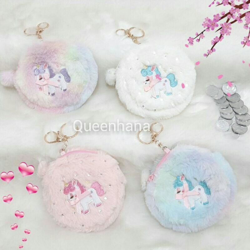 Tempat Coin Bulu Unicorn Gantungan Kunci Dompet Coin Lucu Motif Unicorn