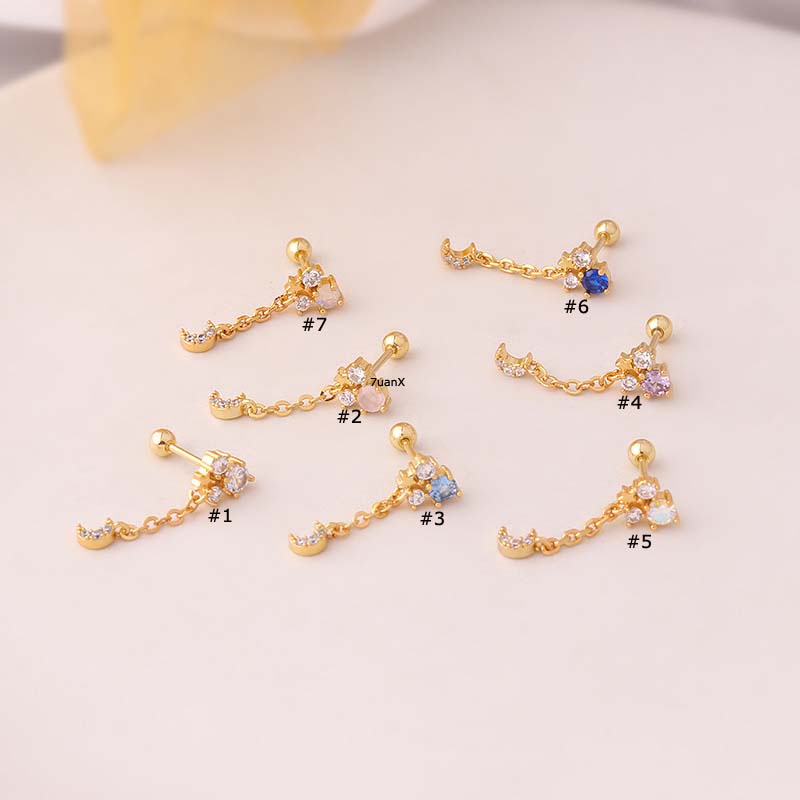 1 Pc Anting Stud Rantai Menjuntai Bentuk Bulan Bahan Stainless Steel Lapis Emas 20 Gage