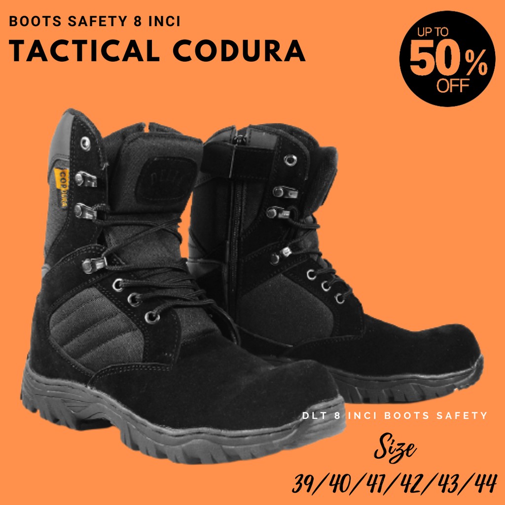 COD!! Sepatu Pria DLT USA Tactical Cordura Gurun 8 inci Tinggi Zipper Boots Safety Ujung Besi HITAM