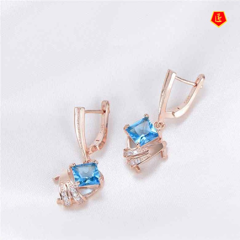 [Ready Stock]Women's Sea Blue Topaz Rose Gold Stud Earrings