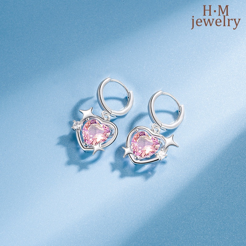 Anting Tusuk Bentuk Hati Aksen Berlian Imitasi Warna Pink Untuk Wanita