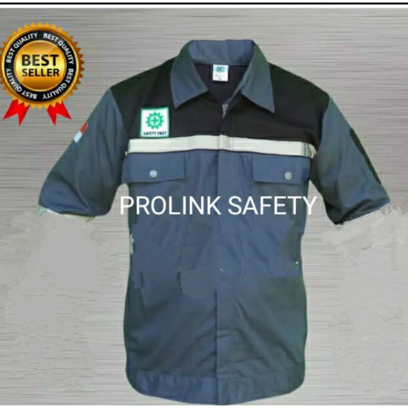 SERAGAM SAFETY LENGAN PENDEK ABU HITAM RESLETING BERLOGO K3 BENDERA