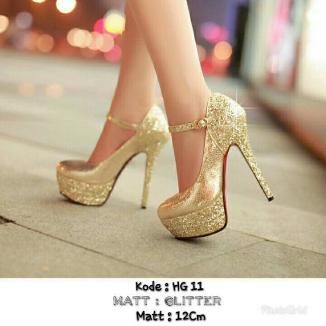 HG 11 HG 09 HEEL PUMP HEELS WANITA GOLD HEEL PUTIH 12 CM BIG HEELS PLATFORM PESTA LEBARAN IDUL FITRI