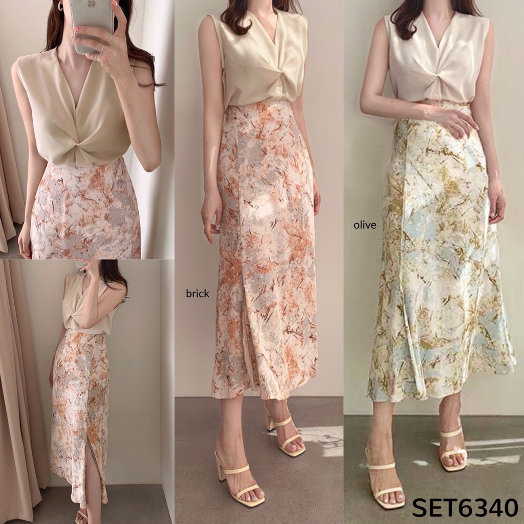 [FG] Soft Tone Silk Top & Marble Skirt Set SET6340