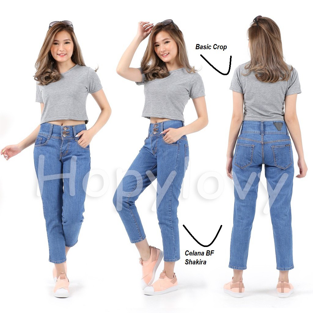 HOPYLOVY Celana  Boyfriend  Jeans Wanita Triple Buttons 