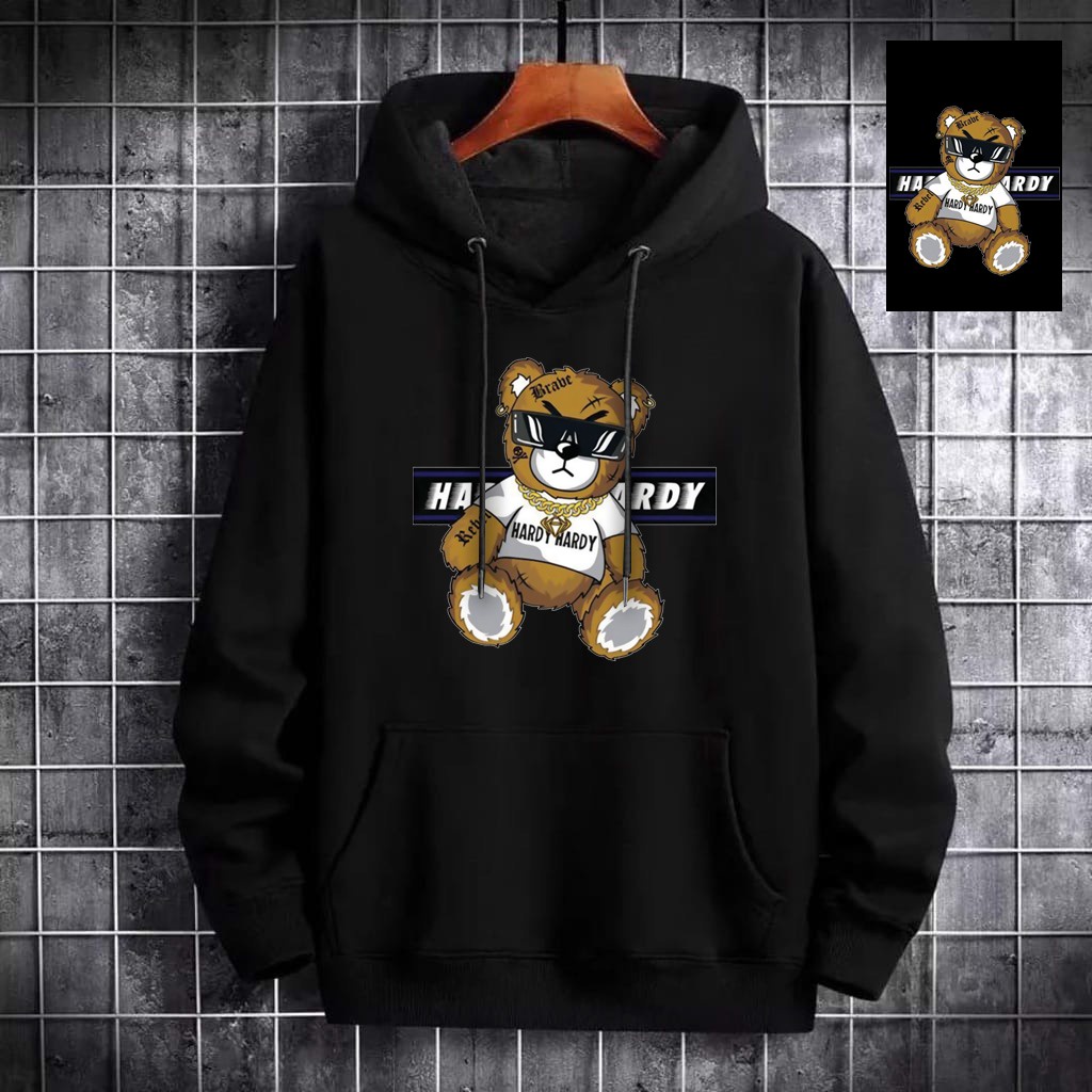 INDOSAN-SWEATER HOODIE BEAR HARDY-HOODIE DISTRO BAHAN FLEECE MOTIF GAMBAR DTF PRINTING KEREN-REAL PICT-BISA COD