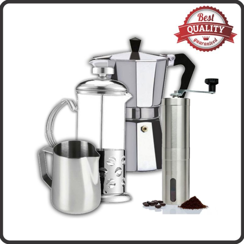 PAKET LATTE ART ( MILK JUG + FRENCH PRESS 350 ml  + GRINDER MANUAL + MOKAPOT 6 CUP )