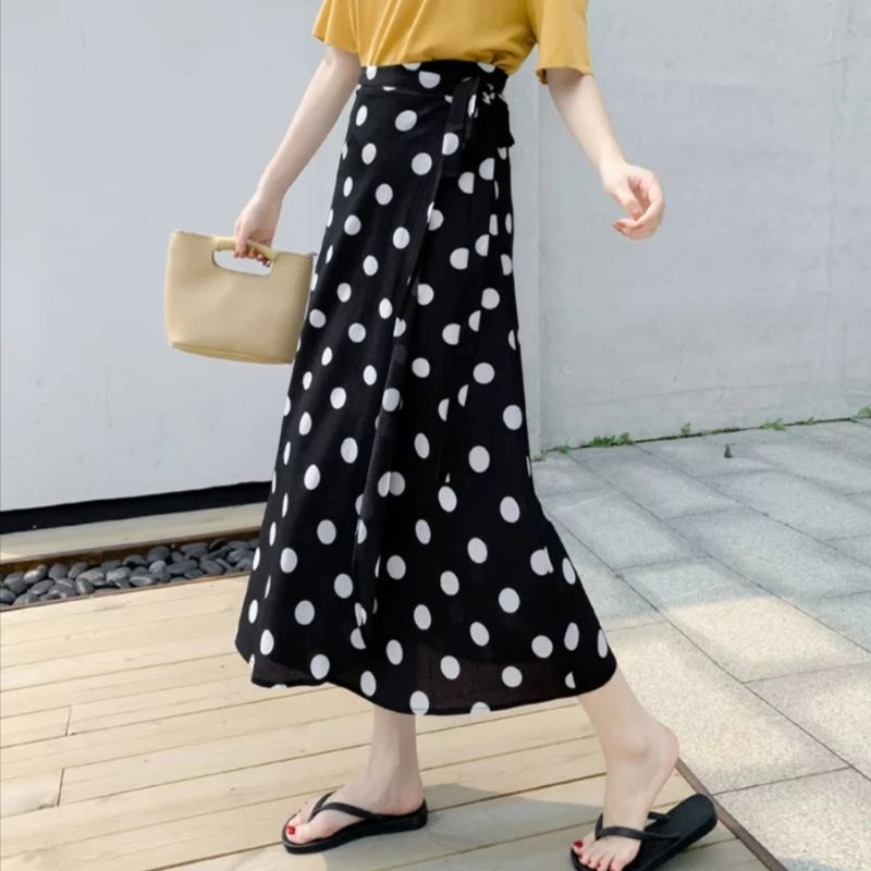 Rok Polka Pinggang Tali/Rok Wanita fashion Bahan woolpeach-1
