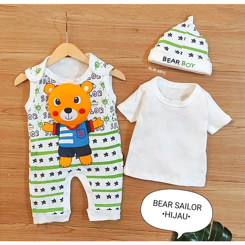 Jumper Bayi Laki-Laki 0-6 Bulan / Baju Anak Bahan Kaos Free Inner Dan Topi Motif Bear Sailor