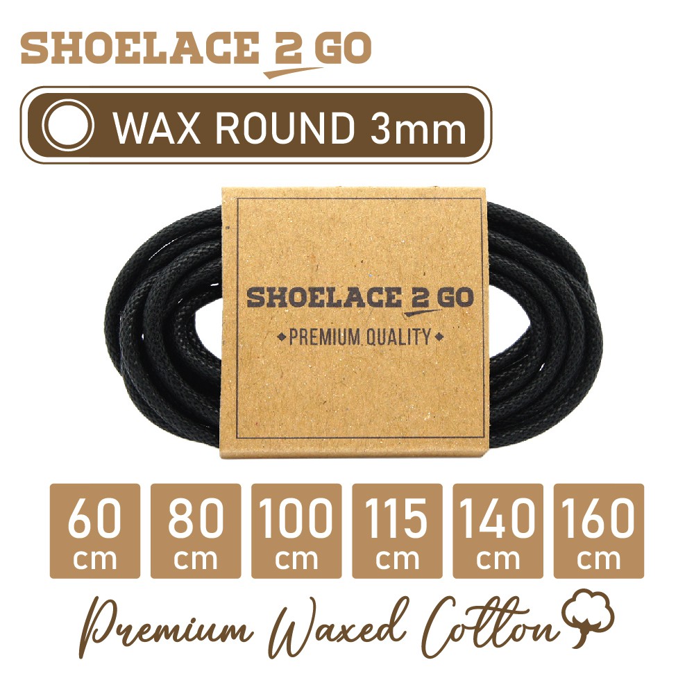 SHOELACE 2 GO PREMIUM TALI SEPATU LILIN WAX BULAT ROUND - WR3 - B1 - BLACK - 3MM