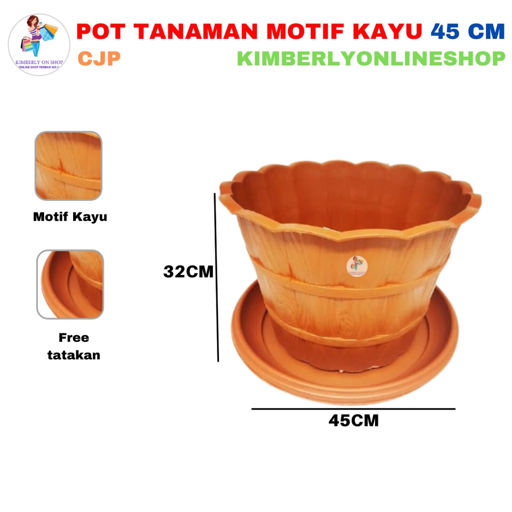 Pot Bunga Motif Kayu 45 cm + Tatakan