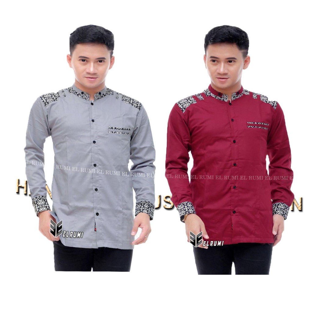 Kemeja Muslim Lengan Panjang Kombinasi Batik Adidas Bahan Ringan & Adem Nyaman Original El rumi