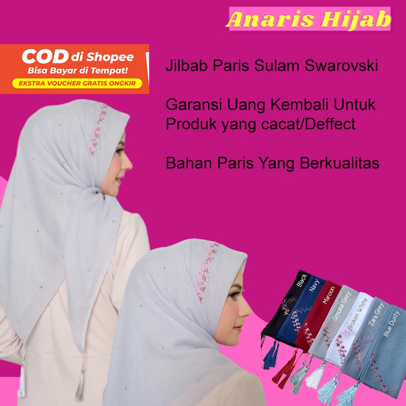 Jilbab Segi Empat Paris Tassel Sulam Hijab Tasel Swarovski Square Bordir Swaroski Bunga Payet