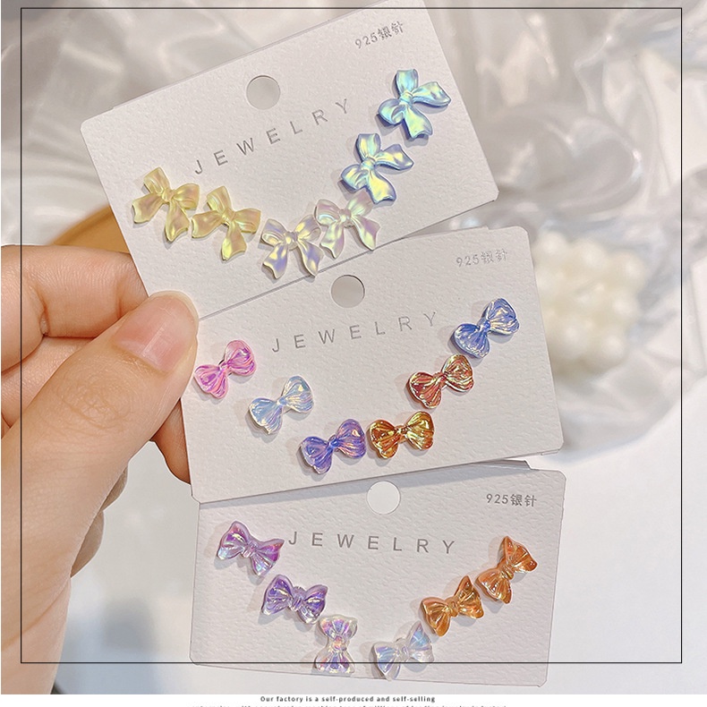 Warna Anting Wanita 925 Perak Stud Busur Stud Anting-Anting Warna Permen Set Warna Anting-Anting Stud Aksesoris