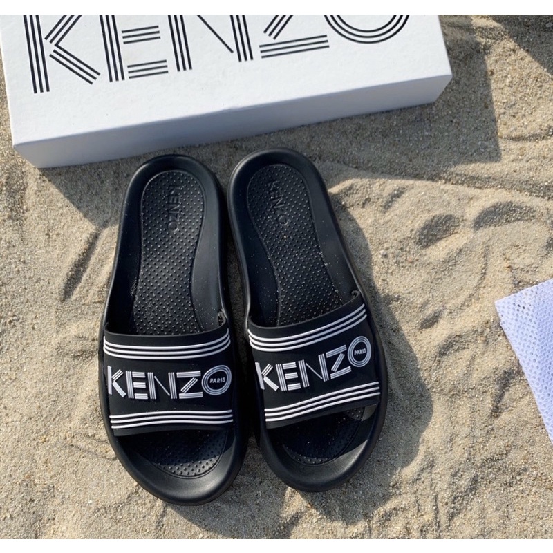 KENZ0 SLIDES SLIPPERS BLACK FONT WHITE