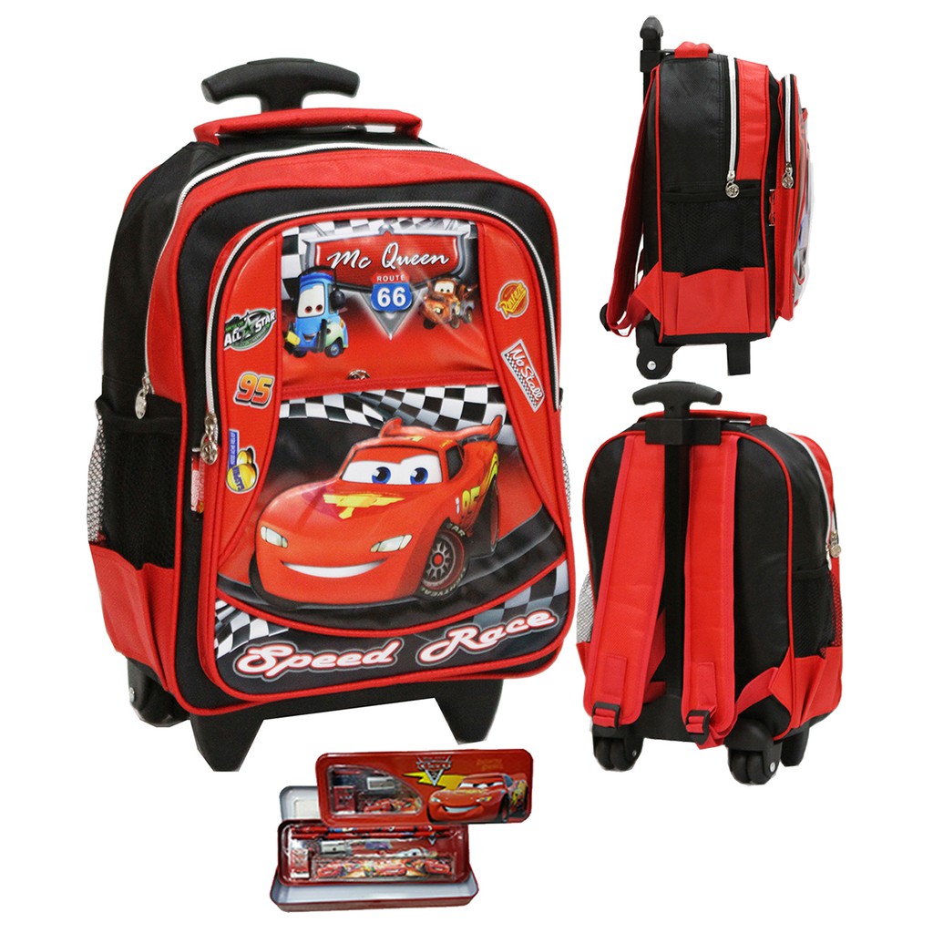 Tas Trolley Anak TK & PG Cars McQueen 3 Kantung Dan Kotak Pensil