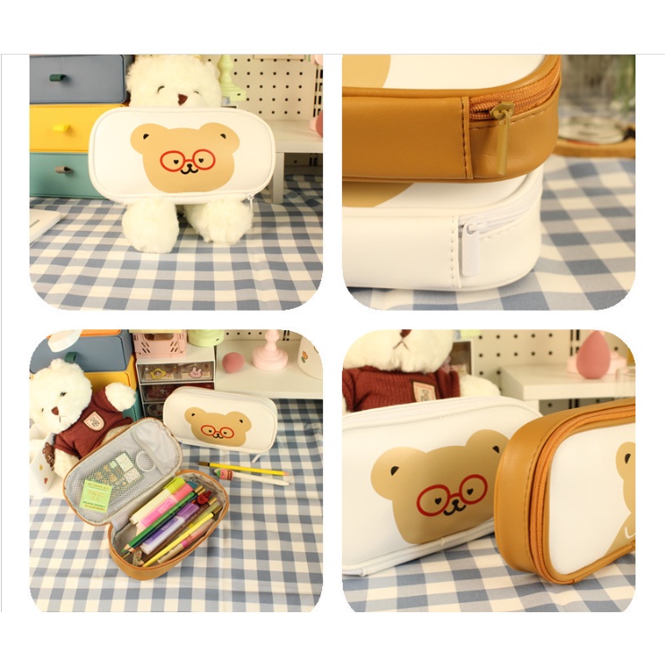 Tempat Pensil BERUANG BERKACAMATA Ukuran JUMBO / Tempat Alat Tulis Besar Motif TEDDY BEAR Beruang Pakai Kacamata Lucu / Tepak Pensil Kartun Beruang Lucu / Wadah Serbaguna Gambar Beruang