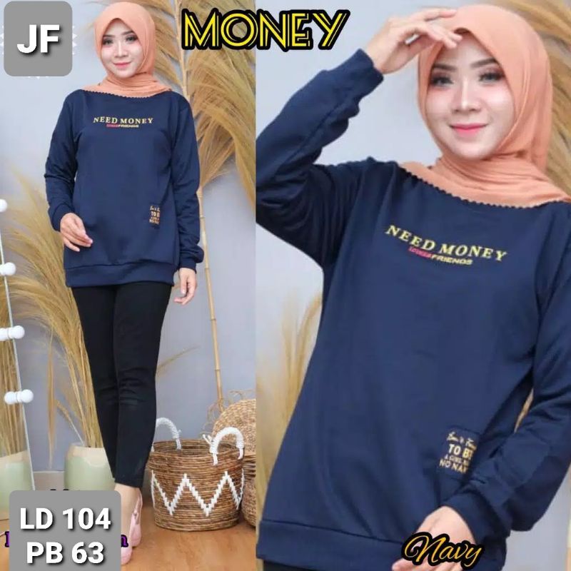 JF Atasan Kaos Lengan Panjang Wanita /  Sweater Babyterry Wanita Muslimah Terbaru MONEY