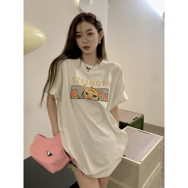 baju oversize wanita korean style cetakan binatang kaos hitam retro