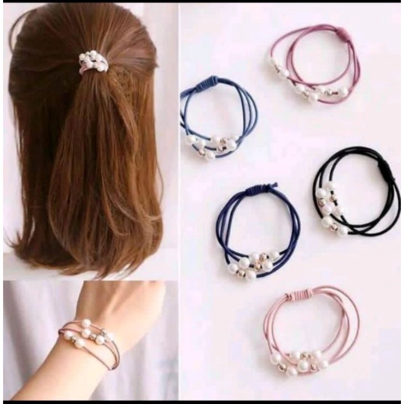 IKAT RAMBUT &amp; GELANG KOREA DENGAN MUTIARA ISI 5 PCS