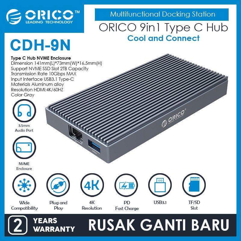 ORICO CDH-9N 9in1 Type C Hub NVME Enclosure USB 3.1 HDMI TF SD RJ45