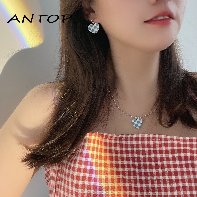 Multicolor Kotak-kotak Cinta Liontin Kalung Anting-Anting In Gaya Desain Niche Rasa Rantai Fashion Aksesoris Untuk Wanita ANTOP