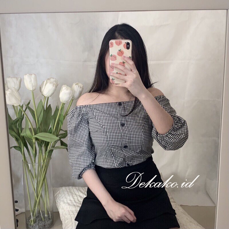 BRIGITA Baju Atasan Sabrina Korean Crop Top Blouse Kerut/Serut Jumbo Lengan Panjang Sabrina Wanita