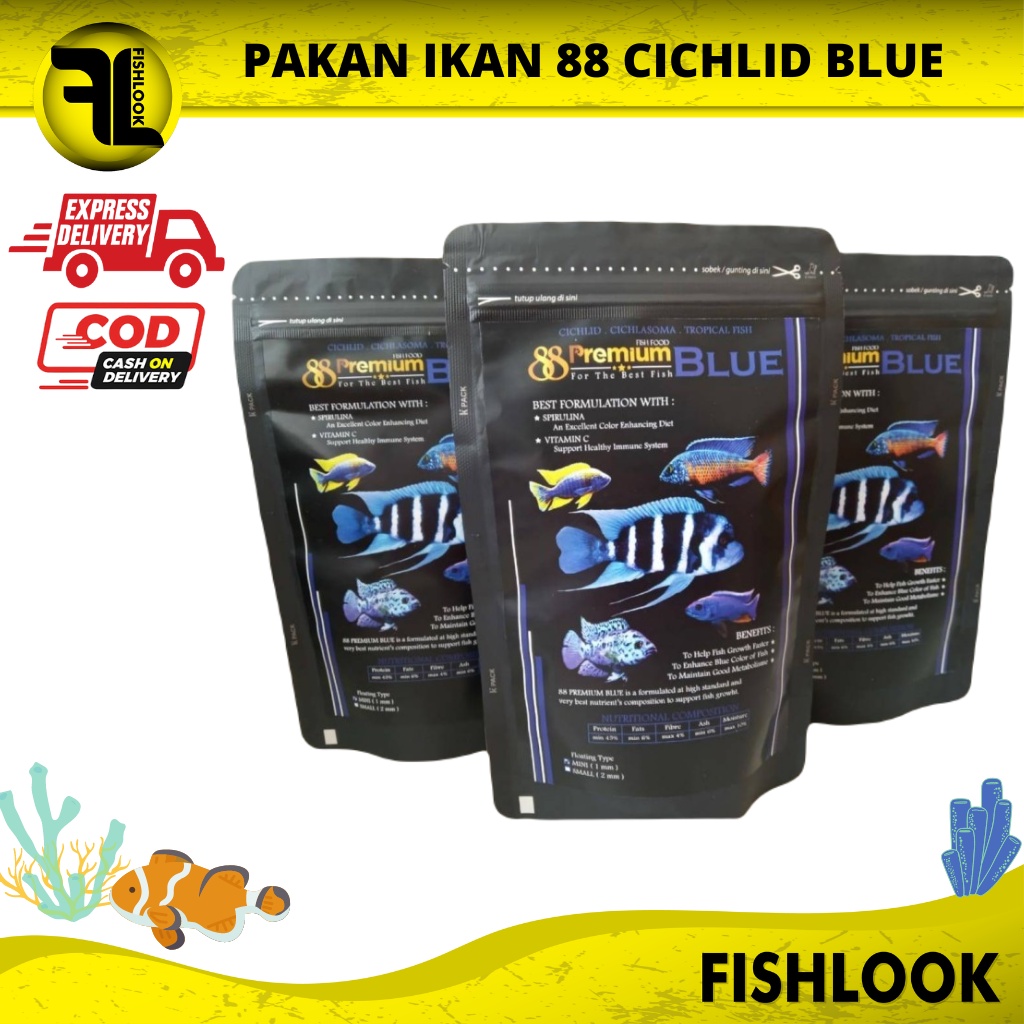 Pelet ikan Premium 88 cichlid Yellow Blue Red &amp; Maxxi cichlid 100 gr