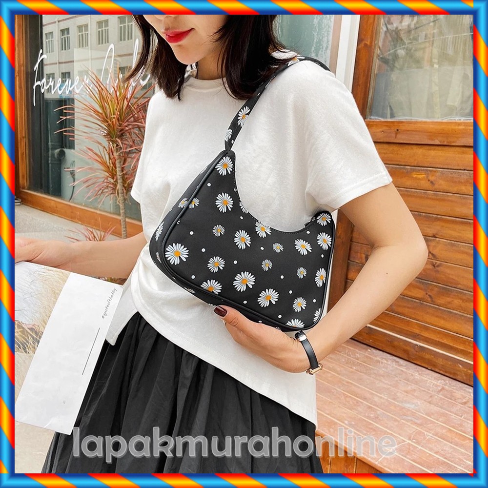 Shoulder Bag Tas Selempang Wanita Korean Style Bahan kanvas Motif Bunga Daisy