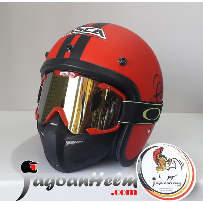ASCA HELM RETRO SIG SIMPLE | RED DOFF+ INKO GOGGLE MASK SILVER |BUBBLE