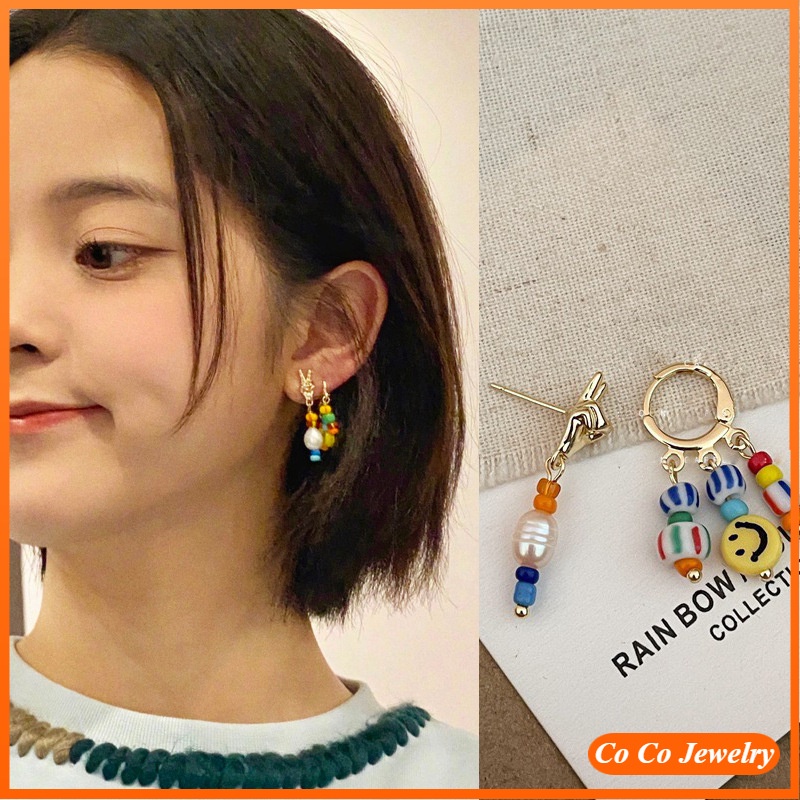 Anting Tusuk Gantung Asimetris Bahan Metal Desain Manikmanikrumbai Gaya Korea Untuk Wanita