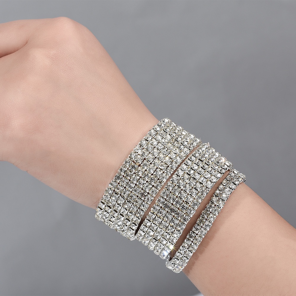 Gelang Kristal Berlian Imitasi 1 / 2 / 3 / 4 / 5 / 6 Baris Elastis Warna Silver Untuk Wanita