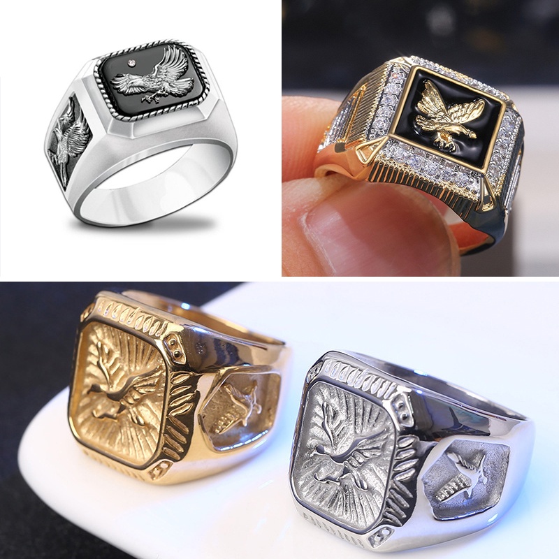 Cincin Desain Elang Fraternal Bahan Stainless Steel Ukuran 7-9 Untuk Pria