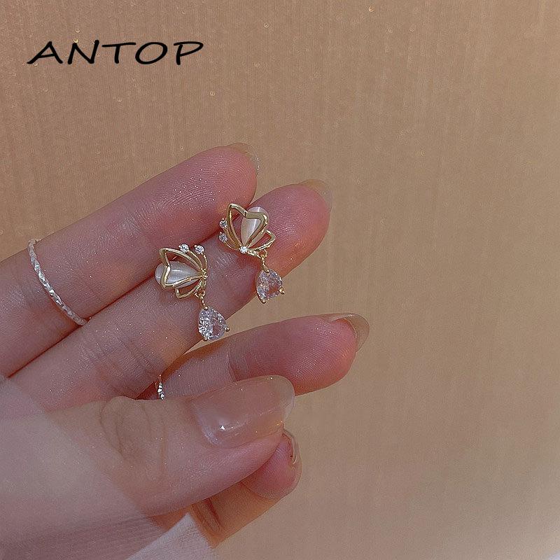 Anting Stud Desain Kupu-Kupu Hati Water Drop Aksen Opal Zircon Untuk Wanita