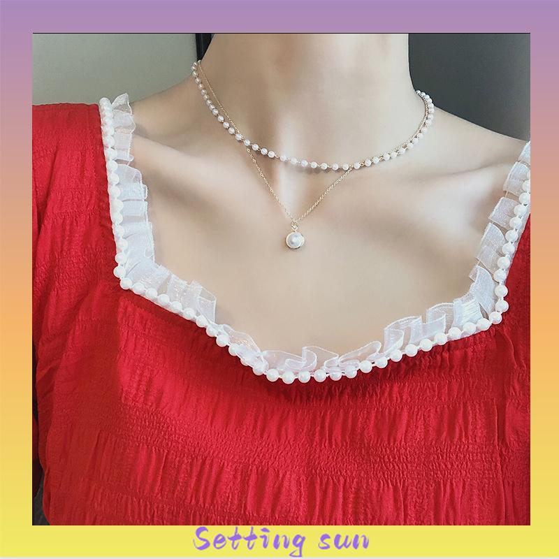 Fashion Retro Mutiara Logam Gaya Korea Kunci Kalung Multilayer Liontin Wanita Rantai Emas Kalung TN