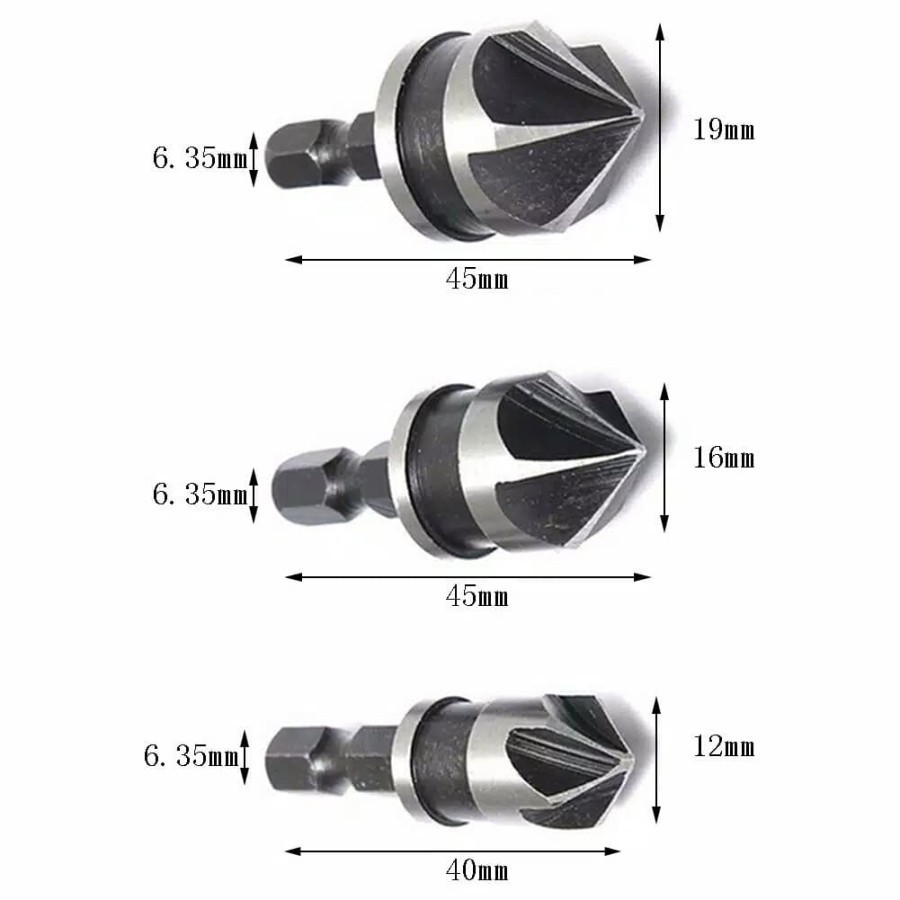 Mata Bor Countersink Set 3pcs Carbon Steel HSS Black Grey 12-16-19mm Hitam Silver Countershink Drill