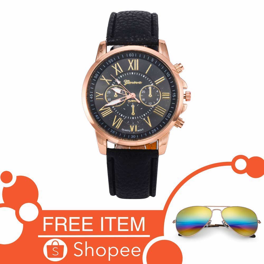 Geneva Fashion Strap Leather Jam Tangan Wanita dan Pria Free Kacamata ( Group ) - TPT_FREE