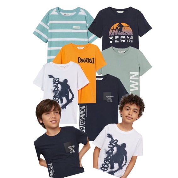 Kaos H&M Junior/H&M tee boy short sleeves/Kaos anak laki-laki hitam orange tosca putih salur/HM tee