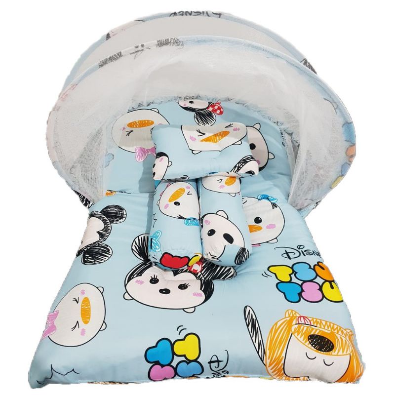 Satu set kasur lipat atau tempat tidur matras bayi dengan kelambu motif disney tsum tsum soft blue c