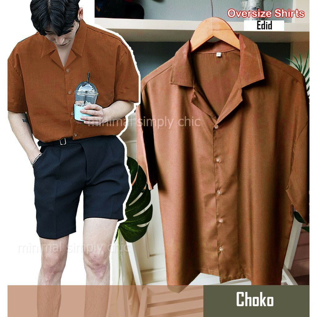 Kemeja Oversize Earth Tone / Kmeja Pria Santai Polos Lengan Pendek